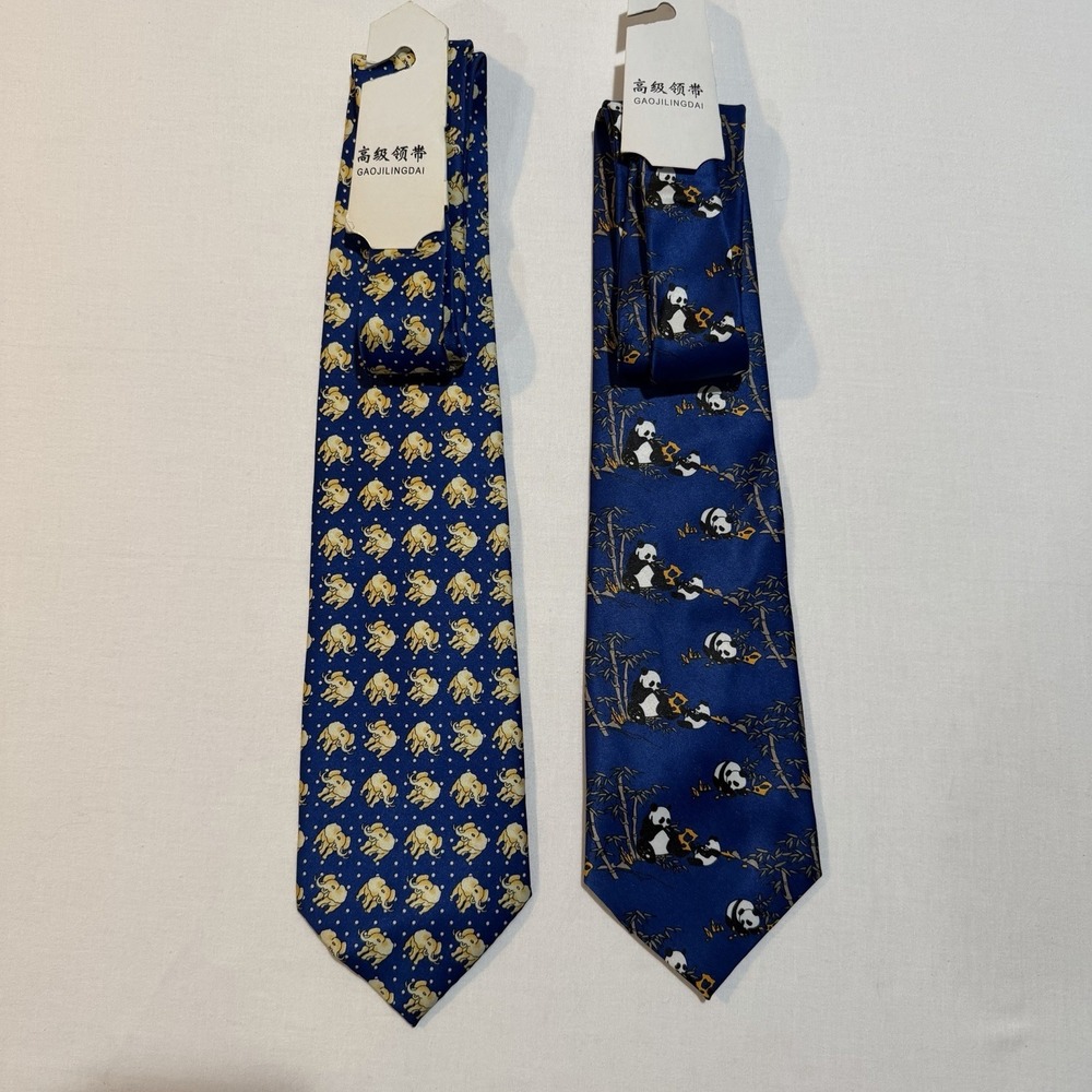 Lot of 2 Mens Neckties Animal Novelty NWT Blue Elephant Panda Bear Silk Ties